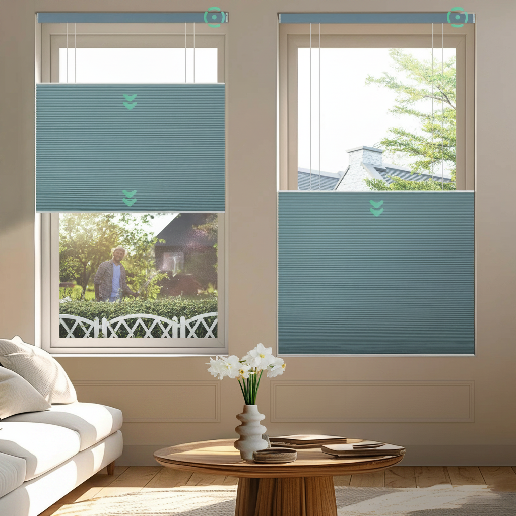 Top down bottom up honeycomb cellular shades on west-facing windows — TDBU blinds for afternoon glare and heat control