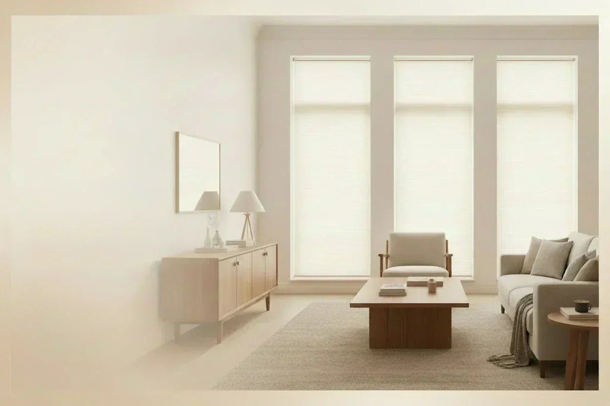 Bright living room with natural light filtering through white roller shades — UAM Blinds window treatment comparison guide