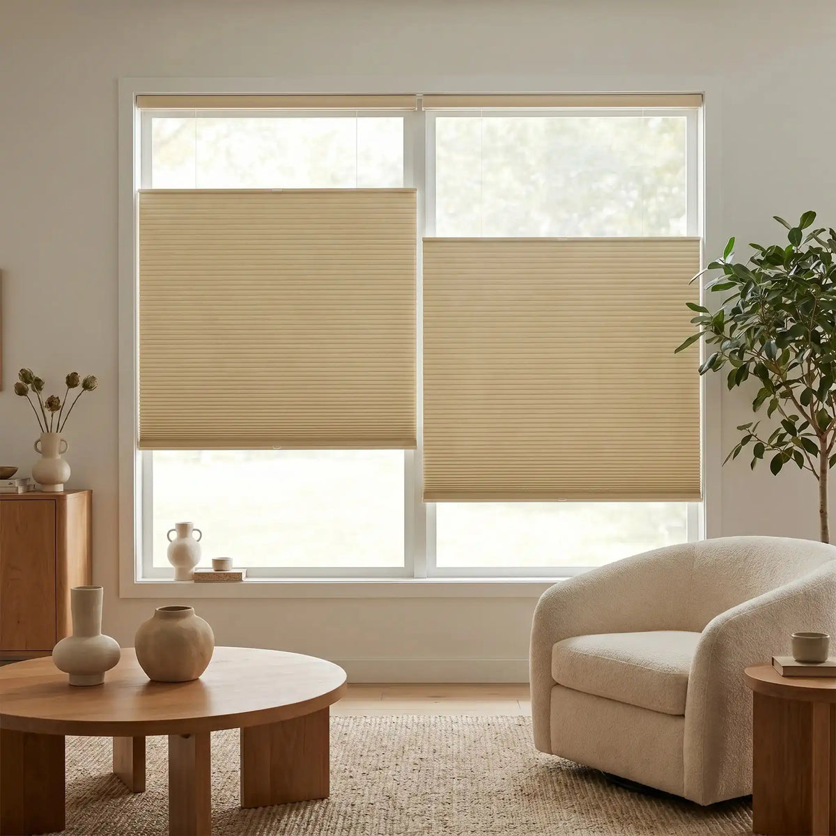 Cordless tension mount no screw blinds installed inside living room window casings with top-down bottom-up cellular shades