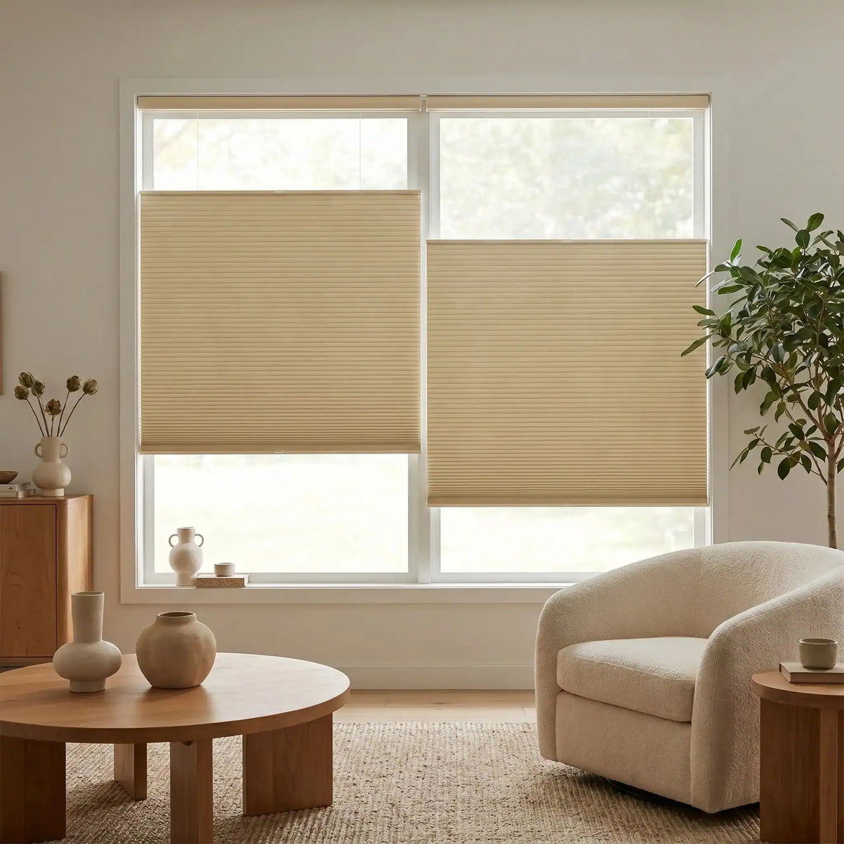 Beige cellular shades covering two basement windows in a bright sitting room