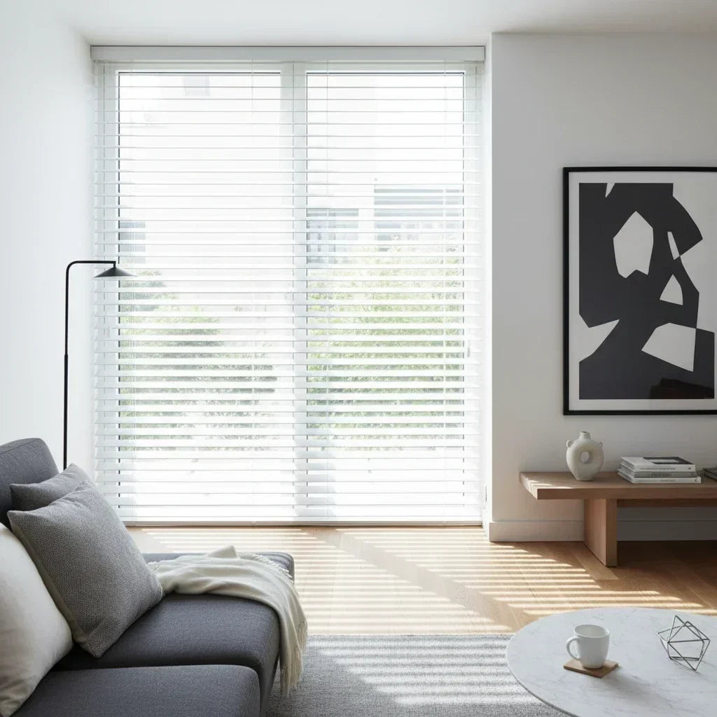 Modern living room with vertical blinds on floor-to-ceiling windows, soft natural light, contemporary interior design