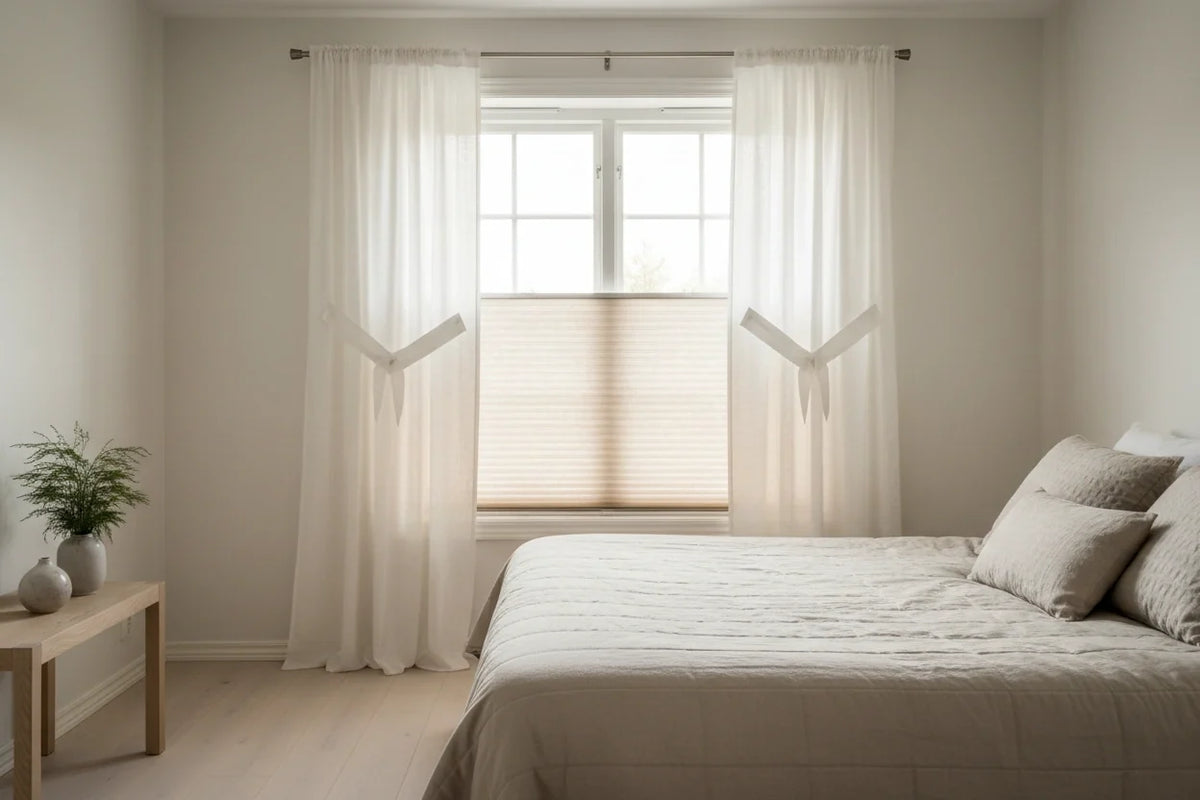 Sheer curtains layered over cordless cellular honeycomb shades in a modern bedroom — curtain rod mounted above window frame for proper clearance