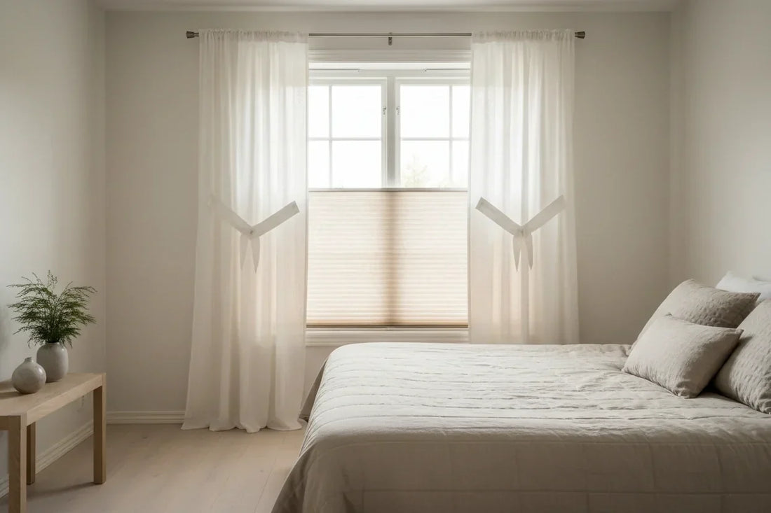 Sheer curtains layered over cordless cellular honeycomb shades in a modern bedroom — curtain rod mounted above window frame for proper clearance