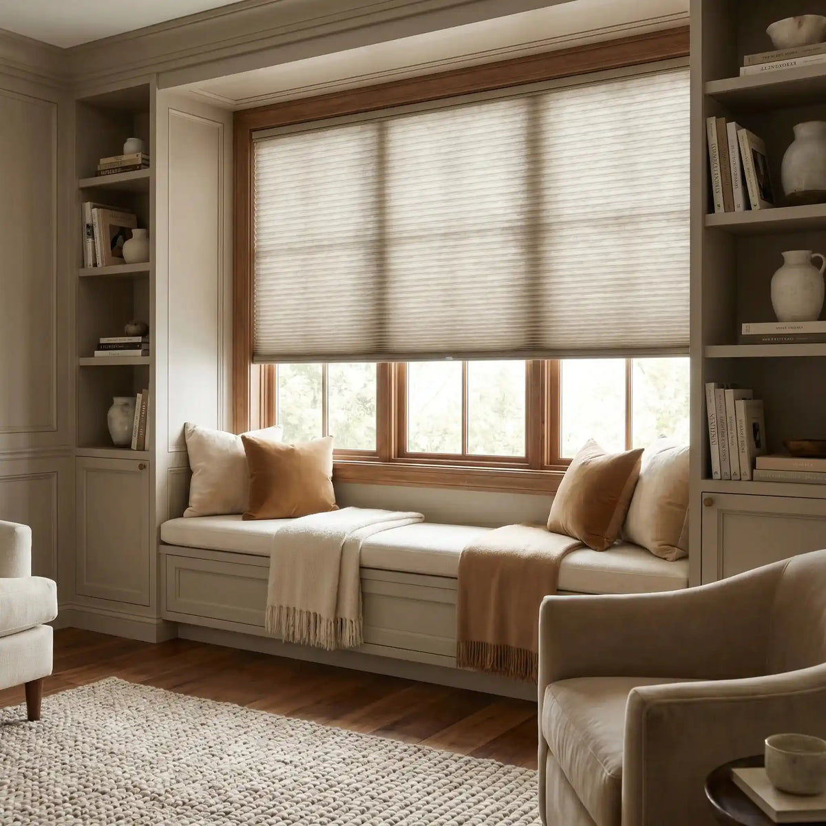 Cordless no drill blackout cellular shades installed inside a modern bedroom window with tension mount headrail