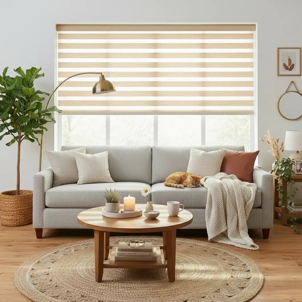 Beige zebra shades installed on a large living room window, paired with a gray sofa and wood coffee table — showing dual-layer light filtering in a modern home setting