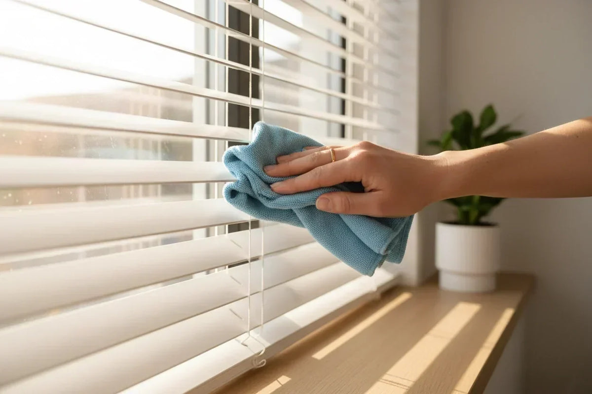 Hand wiping faux wood venetian blind slats with a microfiber cloth — how to clean faux wood blinds