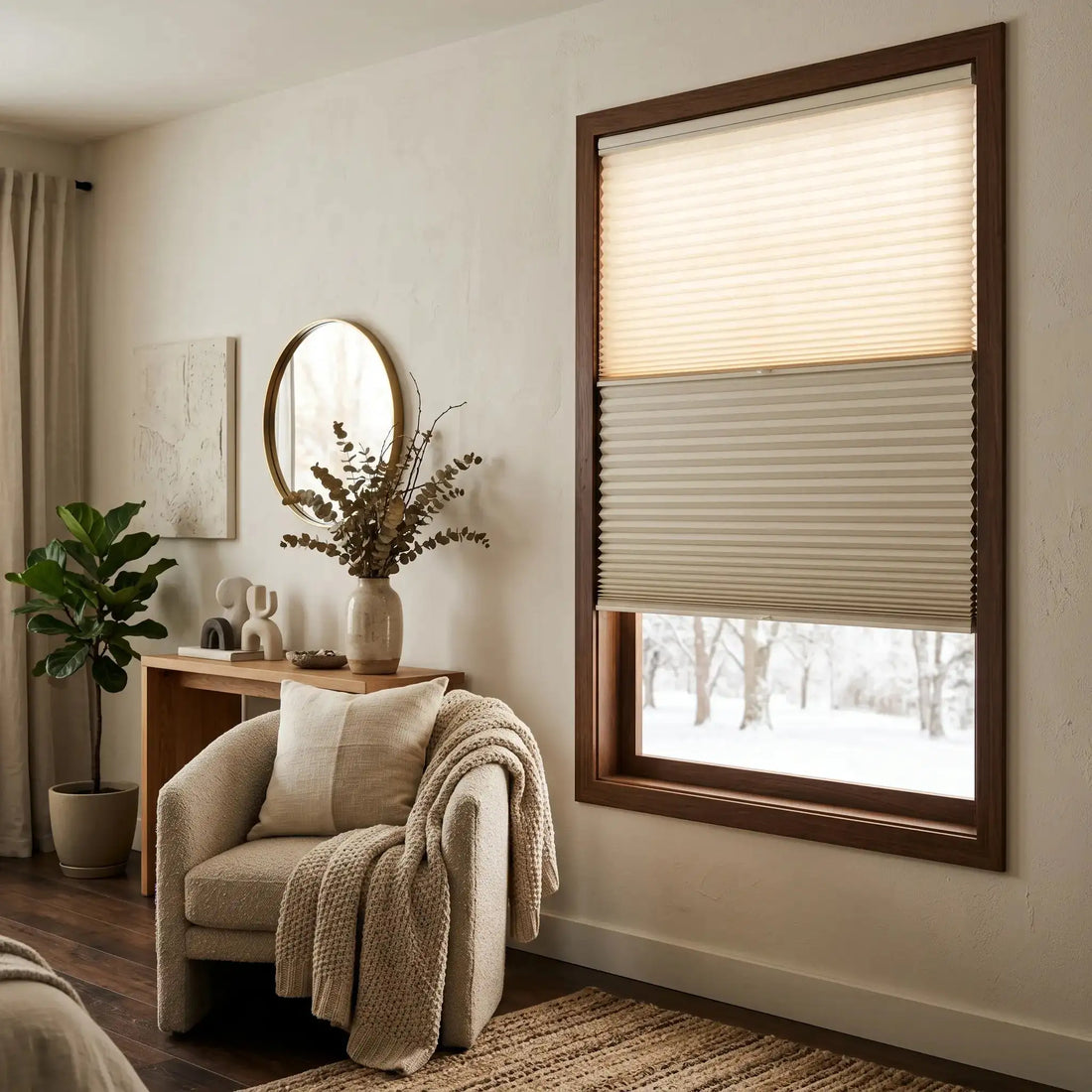 Day and night cellular shades on a bedroom window — upper light filtering layer glowing with soft morning light, lower blackout layer providing privacy