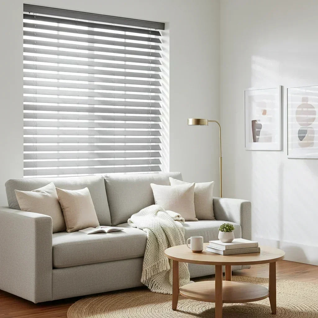 Gray faux wood venetian blinds in a modern living room with natural light filtering through half-open slats