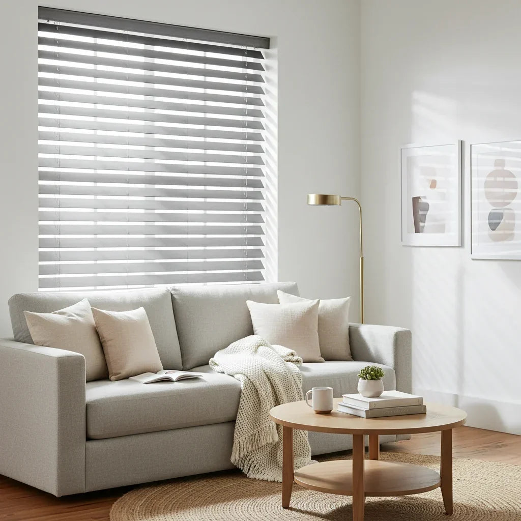 Faux wood blinds in a modern living room — light grey slats on a large window with natural light