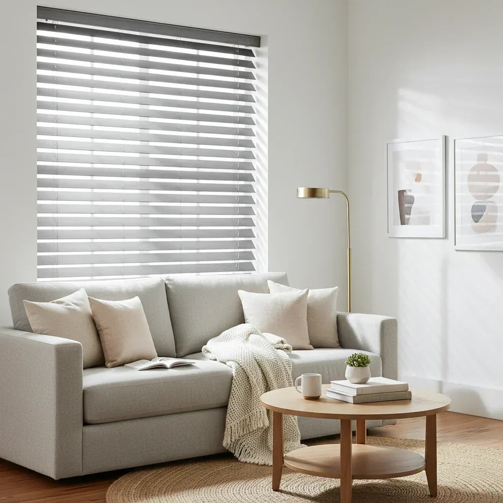 Faux wood blinds in a modern living room — light grey slats on a large window with natural light