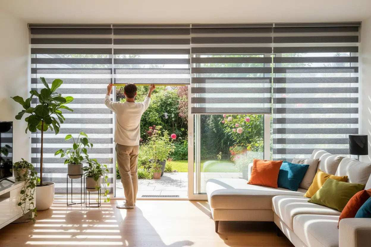 Person measuring a sliding glass door window frame with a steel tape measure, with gray zebra shades installed showing alternating sheer and solid fabric bands in a bright modern living room