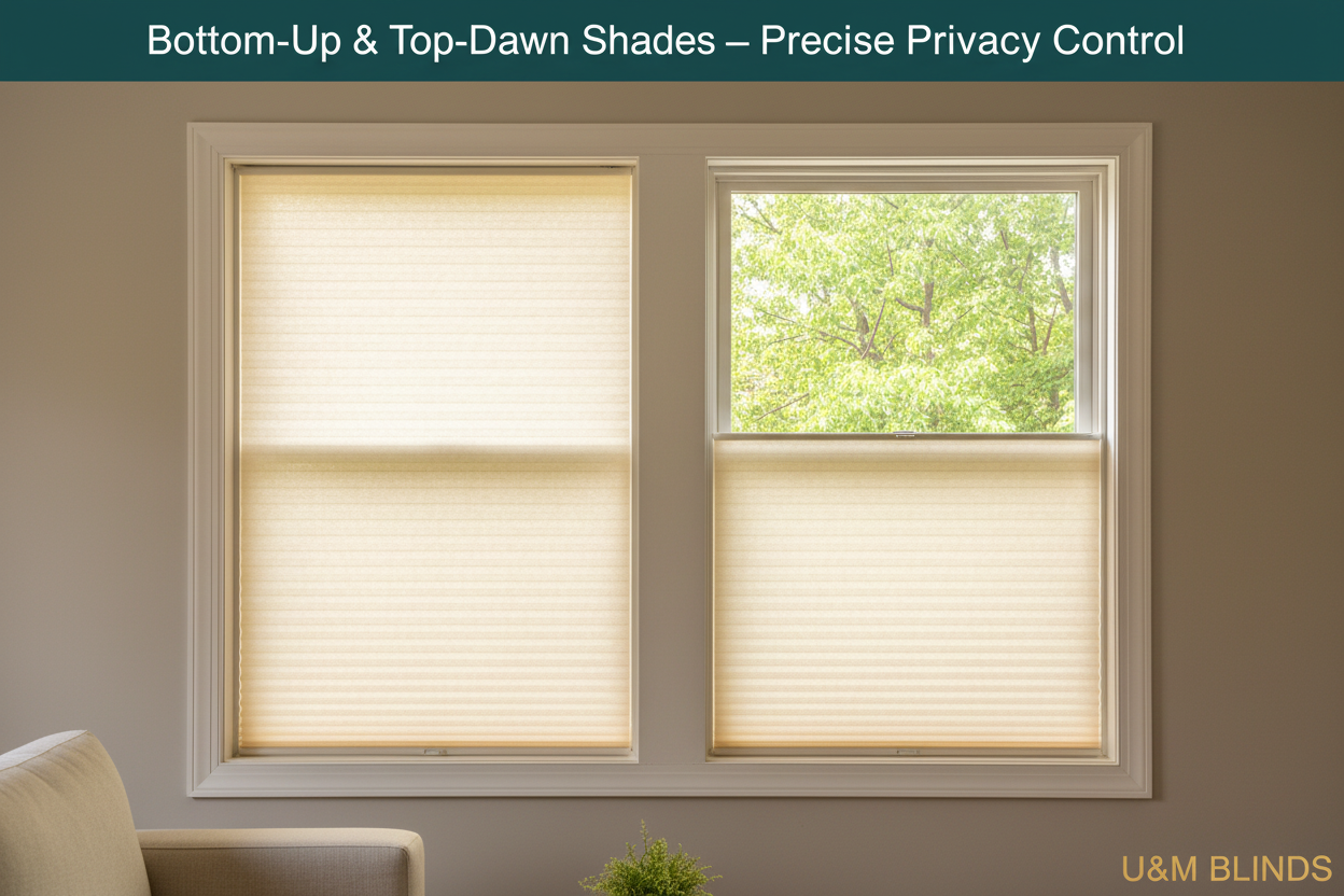 Side-by-side comparison of bottom-up and top-down bottom-up cordless cellular shades on a window, showing flexible light and privacy control options