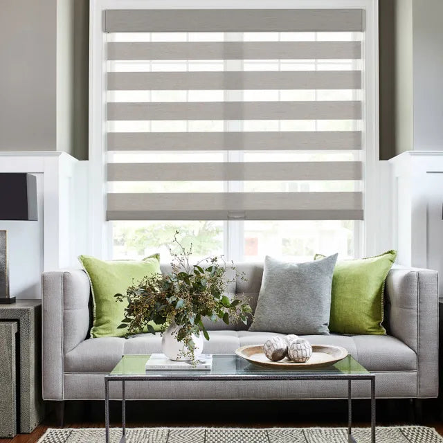 Gray zebra shades installed on a living room window, showing alternating sheer and solid fabric bands with a sofa and green cushions below