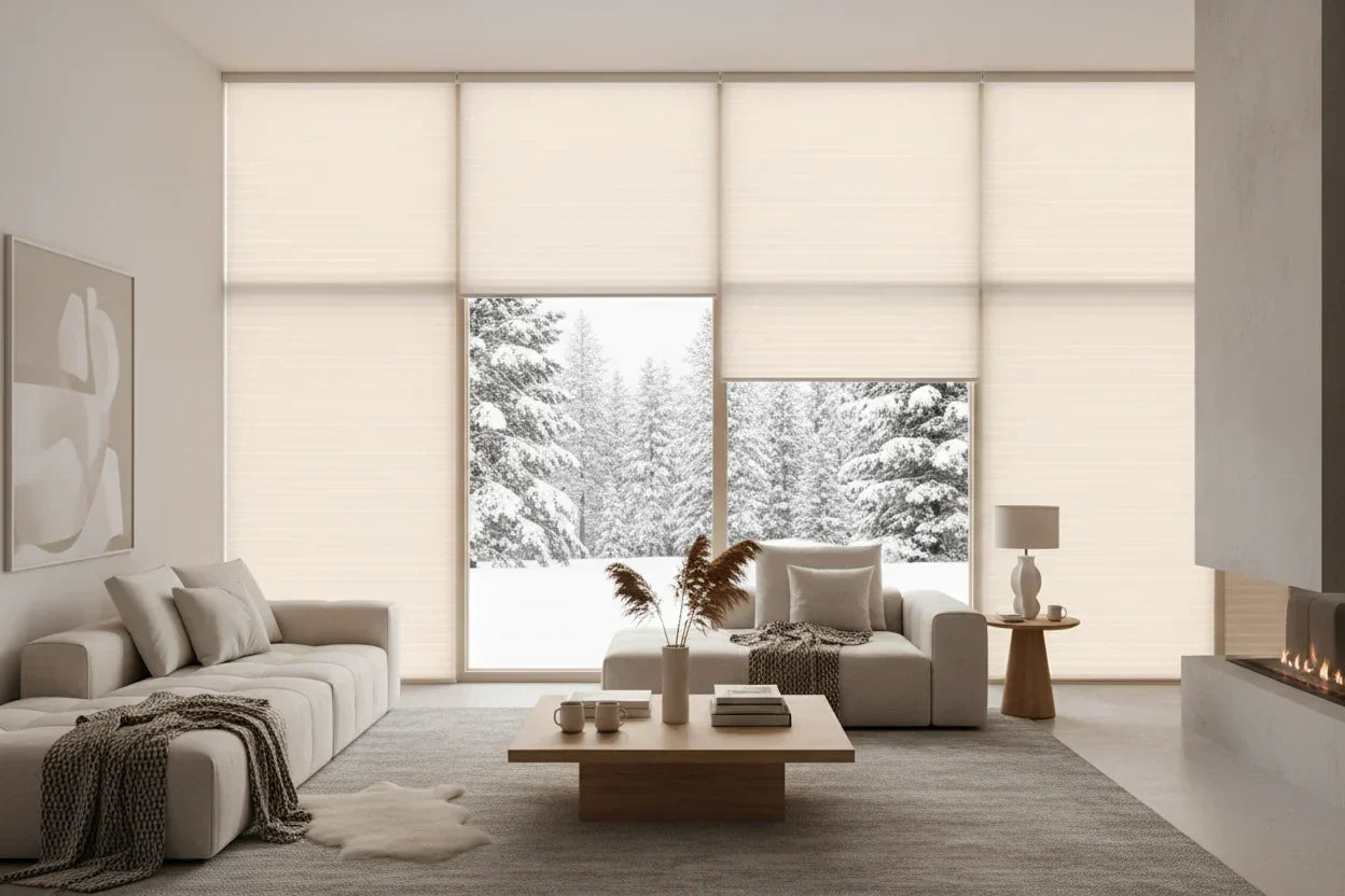 Honeycomb cellular shades on living room windows with winter snow outside — thermal window shades for insulation in hot and cold weather
