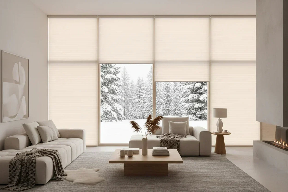 Honeycomb cellular shades on living room windows with winter snow outside — thermal window shades for insulation in hot and cold weather
