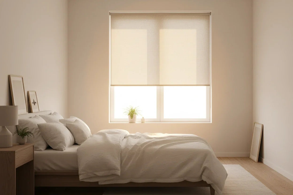 Linen roller shade on a bedroom window with soft morning light filtering through the fabric edges, white bedding and wooden nightstand in a minimalist Scandinavian interior