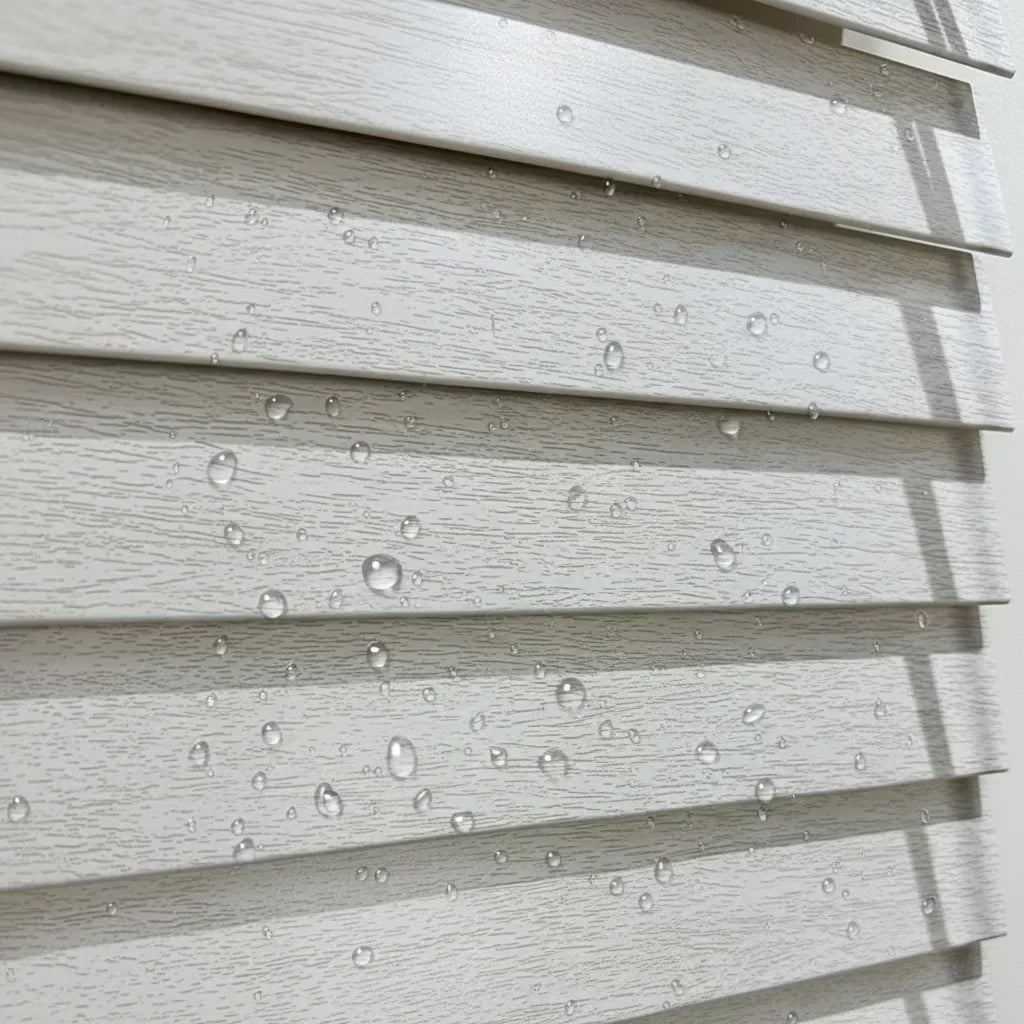 Cordless faux wood blind slats with water droplets beading on the surface, showing moisture resistance for bathroom use
