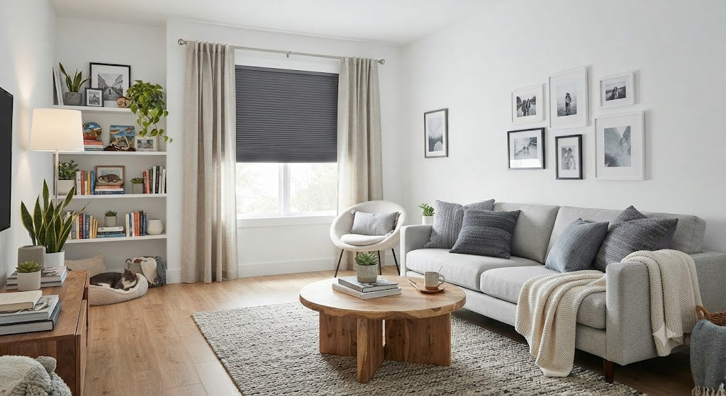 Layered window treatments in a modern living room — honeycomb cellular shade paired with linen drapery panels, Scandinavian-American interior style