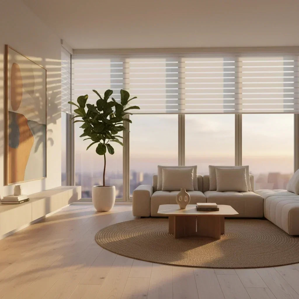 Modern living room with west-facing windows and light-filtering blinds reducing afternoon glare