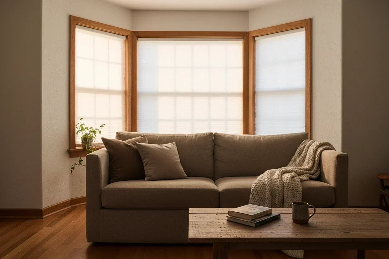 Cordless white cellular honeycomb shades on a bay window — each pane fitted individually, soft natural light filtering through, cozy living room setting