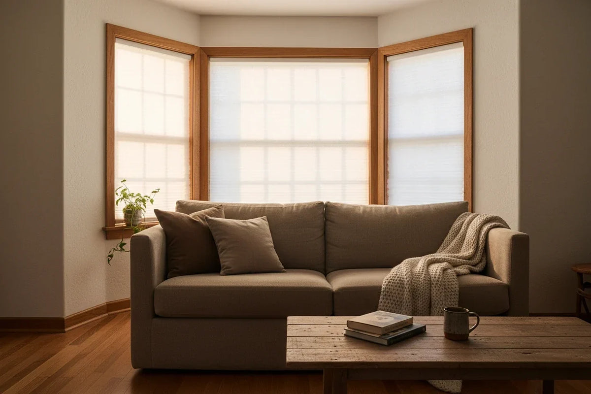 Cordless white cellular honeycomb shades on a bay window — each pane fitted individually, soft natural light filtering through, cozy living room setting