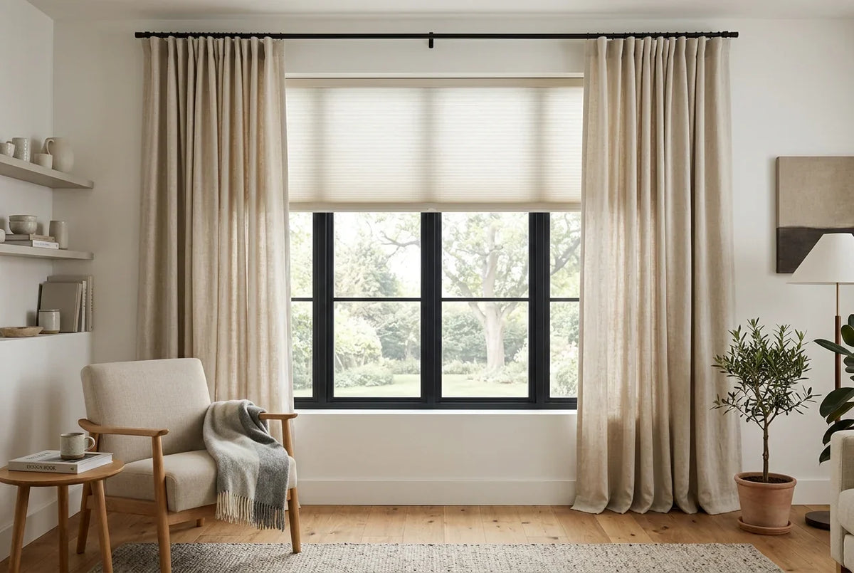 Blinds vs. curtains comparison showing an inside-mount cordless window shade paired with floor-length drapery in a modern living room