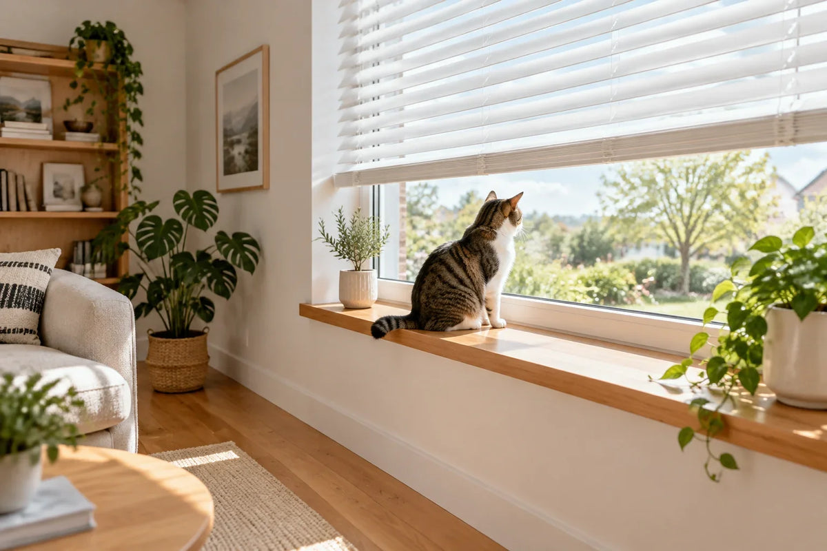 Domestic cat looking out of a bright window with cordless faux wood blinds raised above the sill