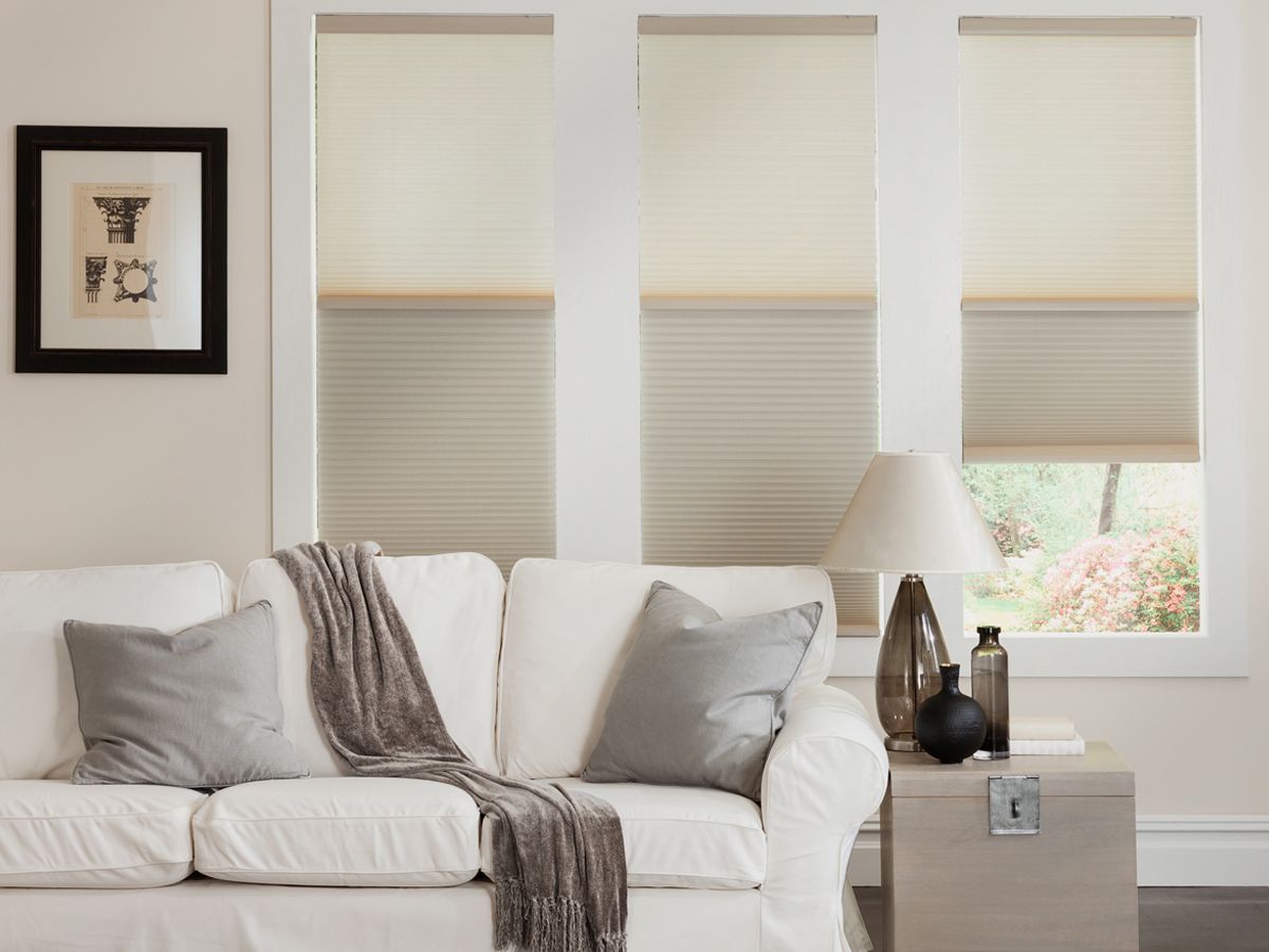 Insulated cellular shades on a living room window showing honeycomb cross-section air pockets for thermal insulation