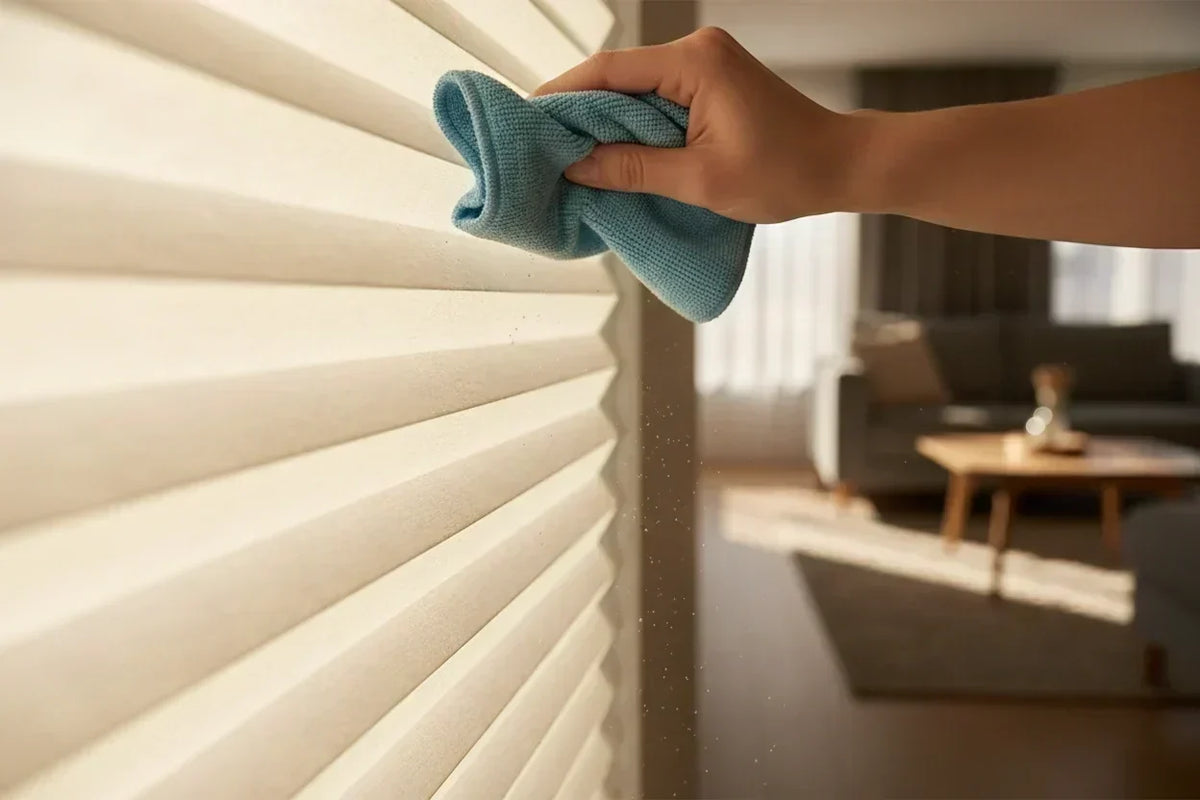 Custom cordless blackout roman shades in textured linen fabric for bedroom window light blocking