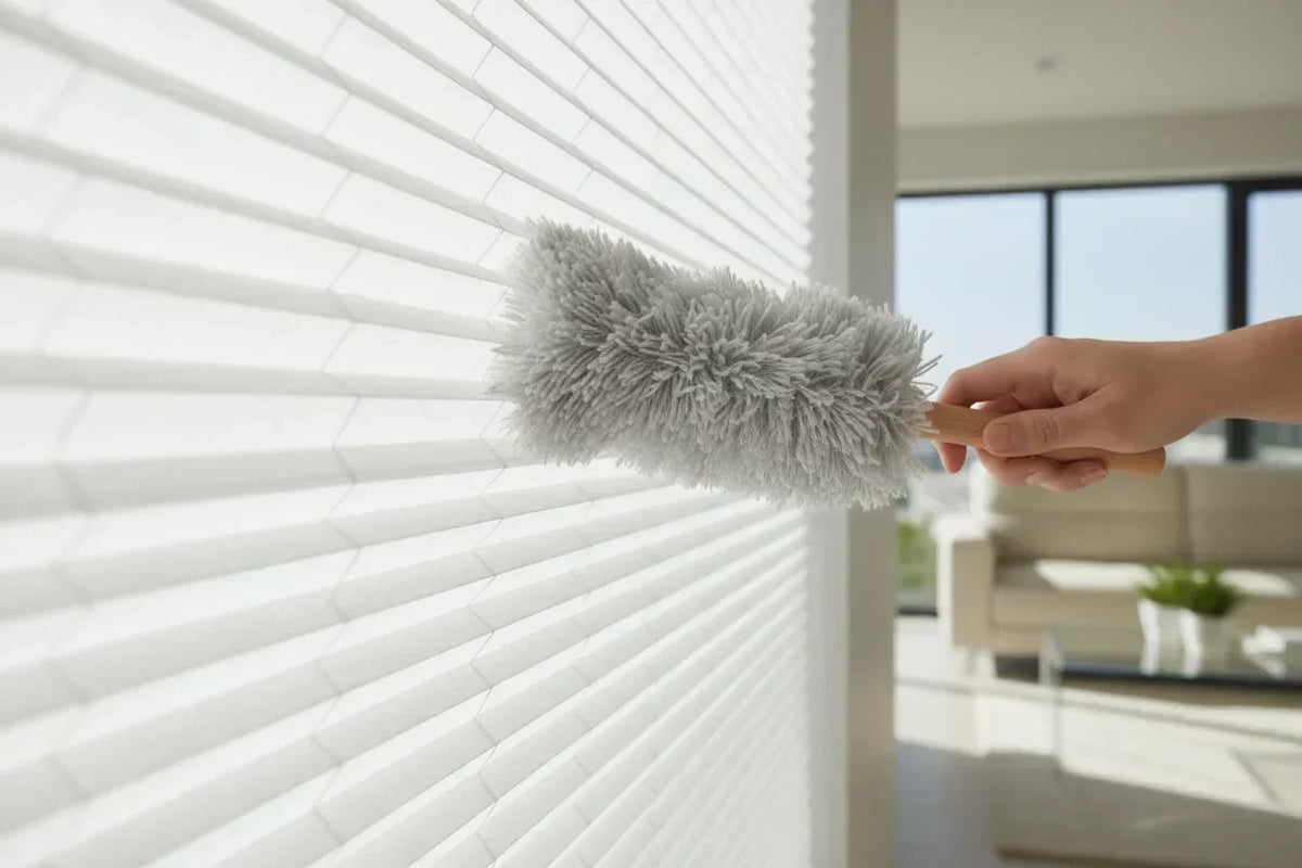 Person gently cleaning white honeycomb cellular shades with a soft duster to protect the pleats