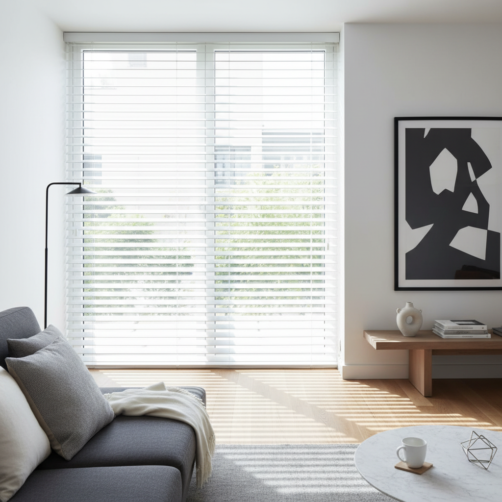 White horizontal venetian blinds on large windows in a modern living room with natural light