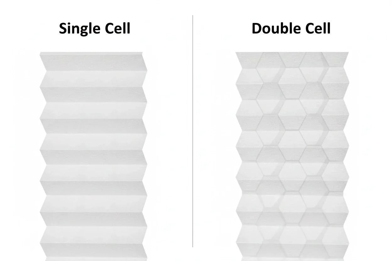 Single cell vs double cell cellular shades cross-section comparison showing honeycomb air pocket layers