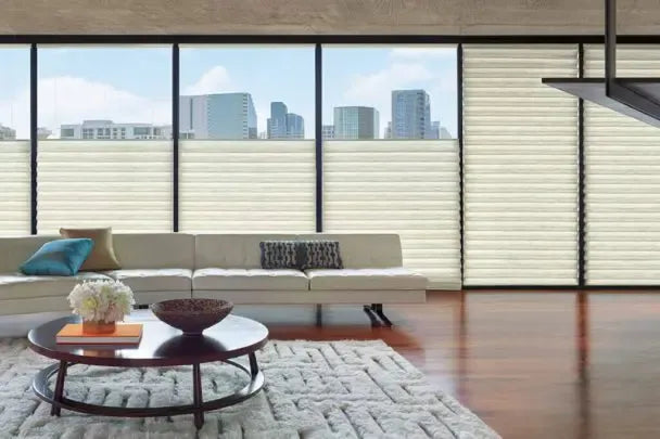 Top down bottom up cellular honeycomb blinds installed on a street-facing living room window, showing independent top and bottom rail control for privacy and natural light