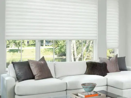 Blackout vs light filtering blinds comparison — bedroom with blackout cellular shades and living room with light filtering honeycomb blinds