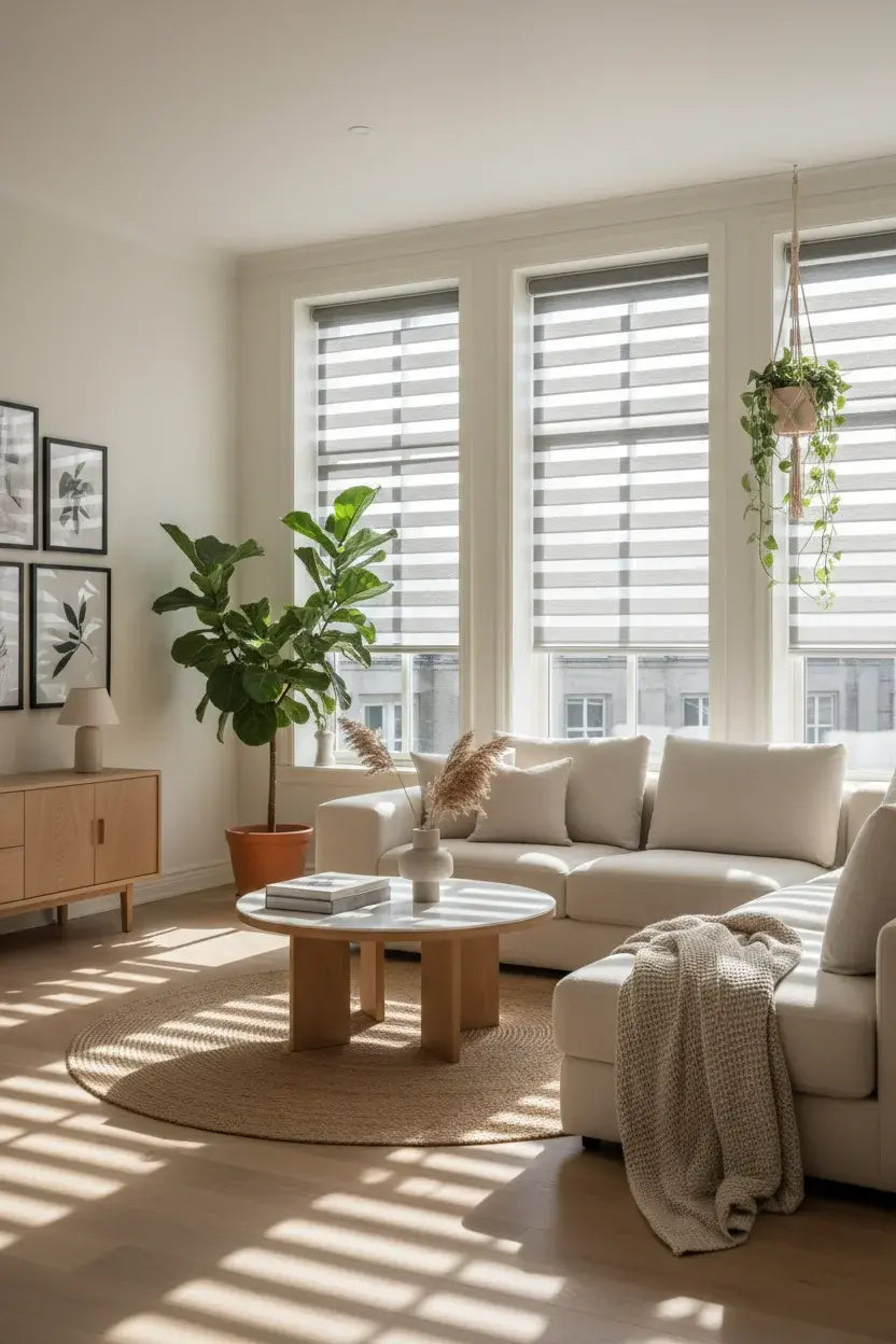 Cordless zebra shades filtering natural light in a modern minimalist living room