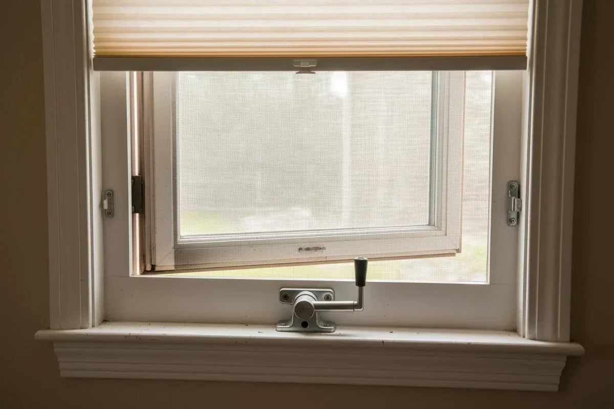 Cellular shade clearing the crank handle on an outward-opening casement window