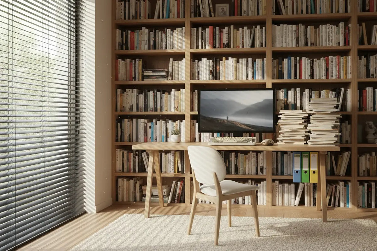 Home office with aluminum venetian blinds angled to control natural light and eliminate screen glare