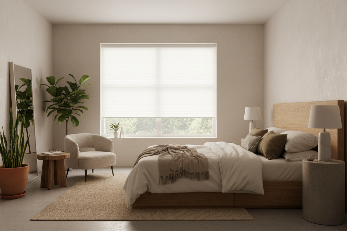 Sound dampening double cell honeycomb shades in a modern quiet home interior