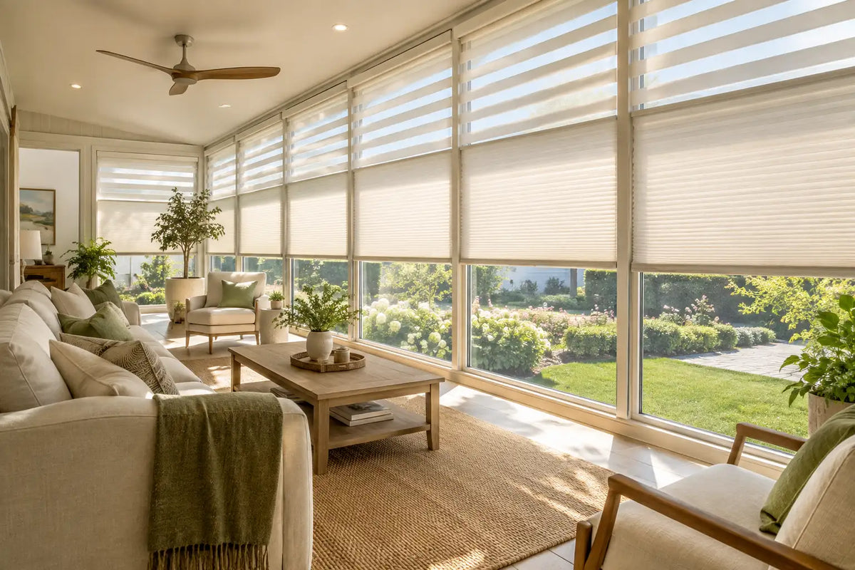 Custom cordless sunroom window blinds softly diffusing natural sunlight across panoramic glass windows