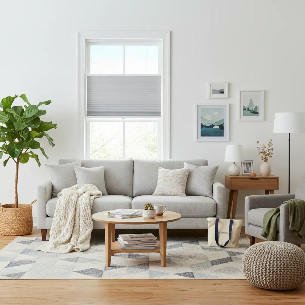 TDBU top-down bottom-up cellular shade vs regular honeycomb blind comparison — cordless blackout window shades for bedroom and living room, US Canada Australia