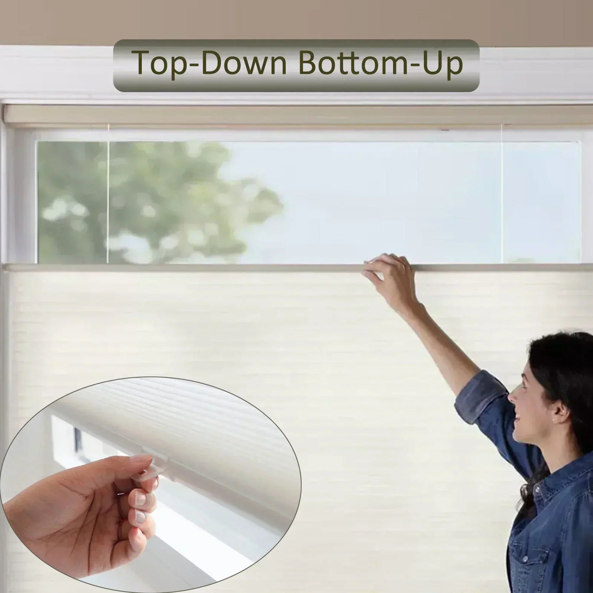 Top Down Bottom Up Cellular Shades installed in a modern living room — privacy and natural light control
