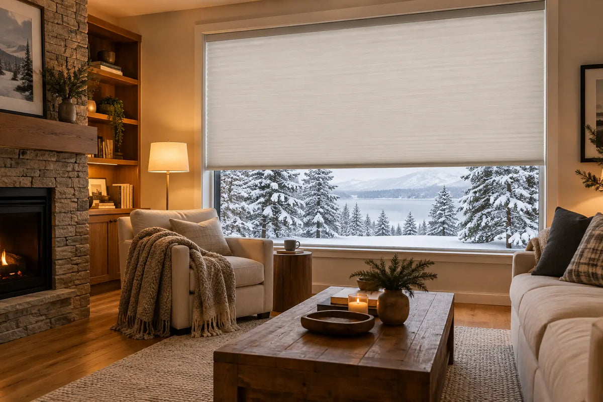 Custom cordless cellular shades installed on a living room window to keep cold out and reduce winter drafts