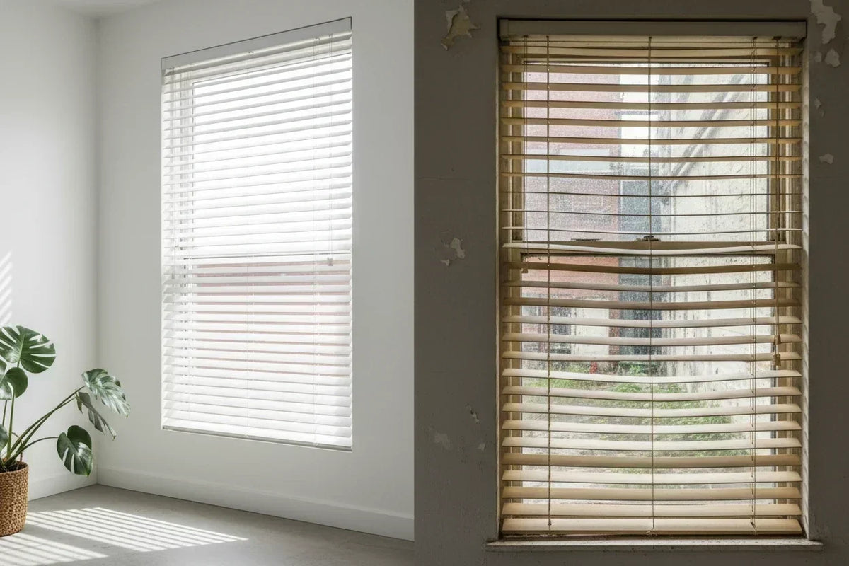 Side-by-side comparison of new white faux wood venetian blinds versus aged yellowed blinds showing signs of wear