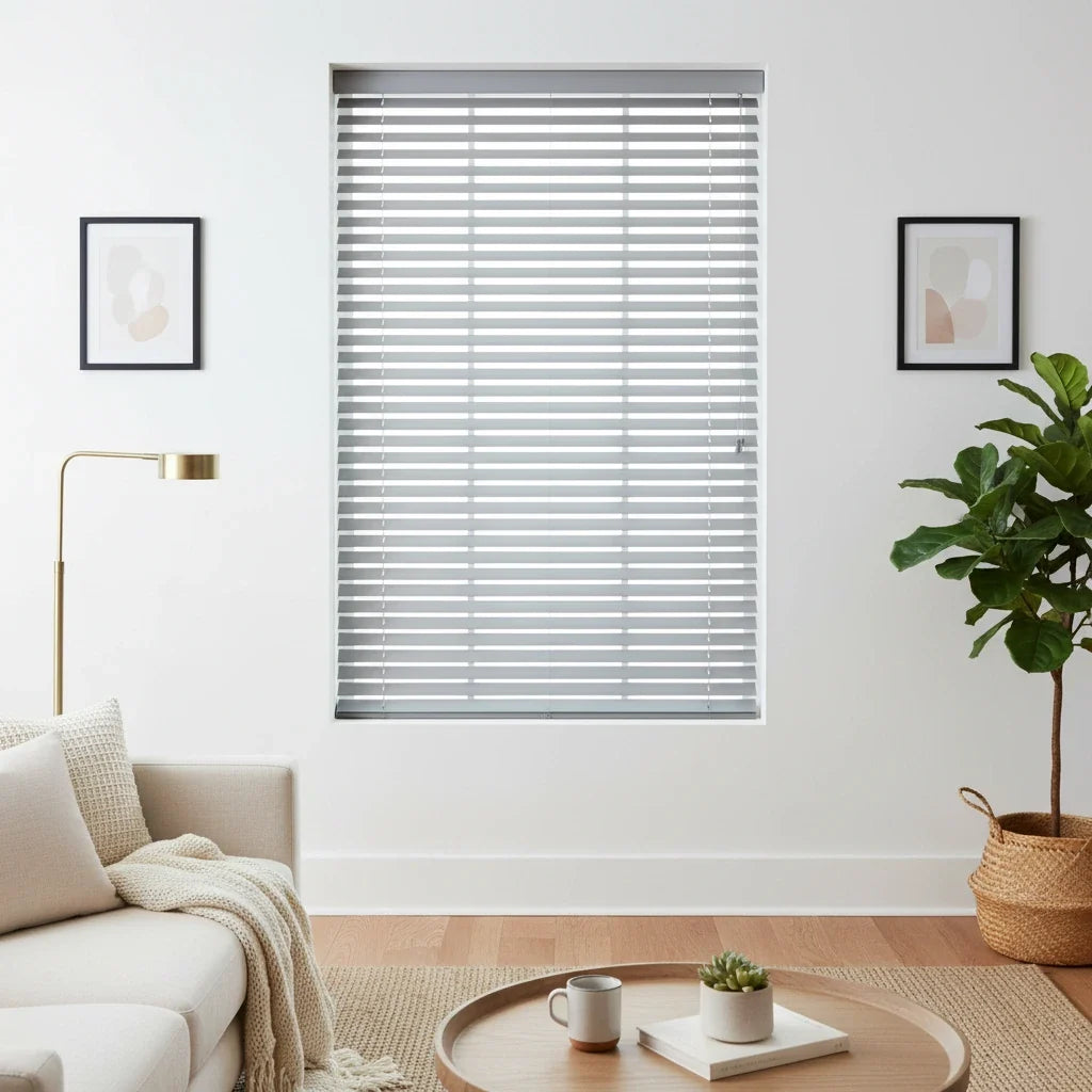 Custom cordless venetian blinds and faux wood blinds with adjustable slats — waterproof and made to measure for US, Canada and Australia homes