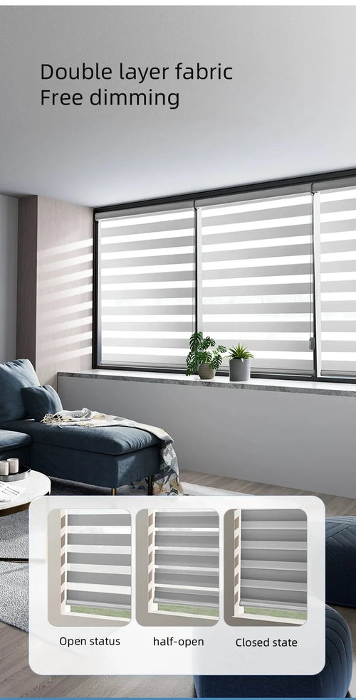 Double layer fabric zebra shades showing open, half-open and closed positions for free light dimming control – cordless window blinds