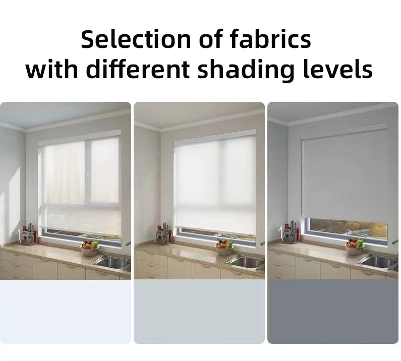 Blackout roller shades fabric detail showing triple-layer thermal insulation — energy-saving custom window blinds shipping to US, Canada and Australia
