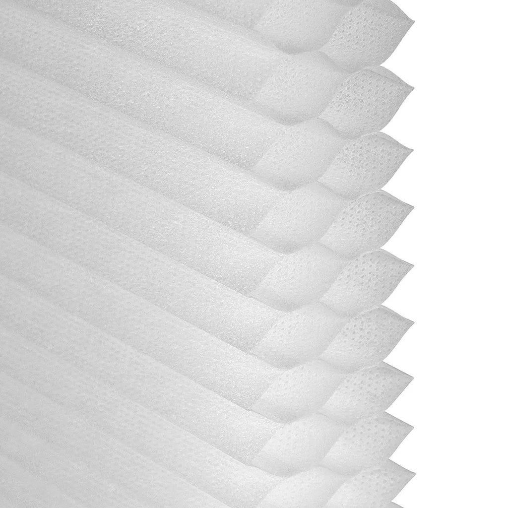Close up of white honeycomb cellular shade fabric showing air trapping insulating hexagonal cell structure
