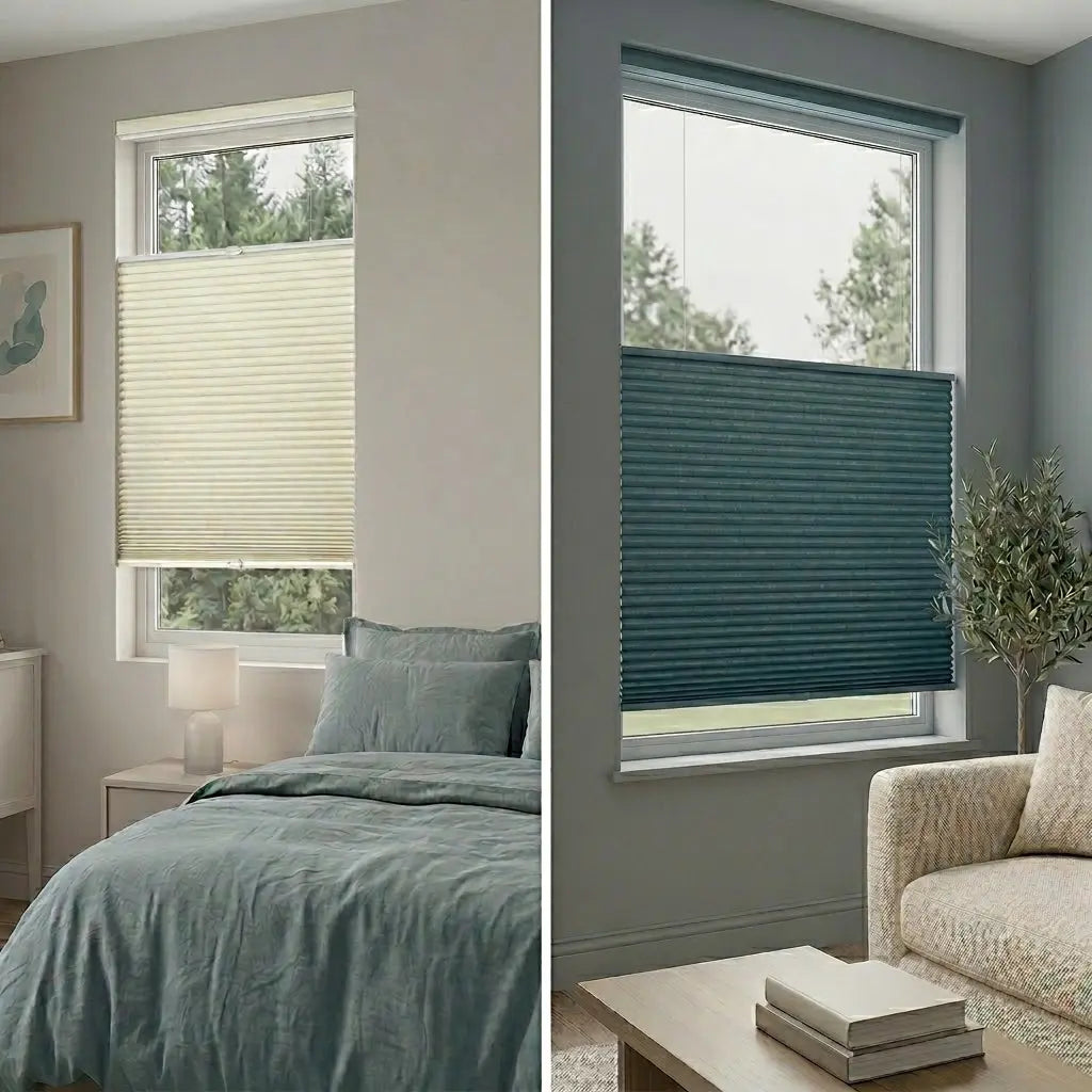 Up-down honeycomb shade with semi-blackout fabric, diffuses daylight gently