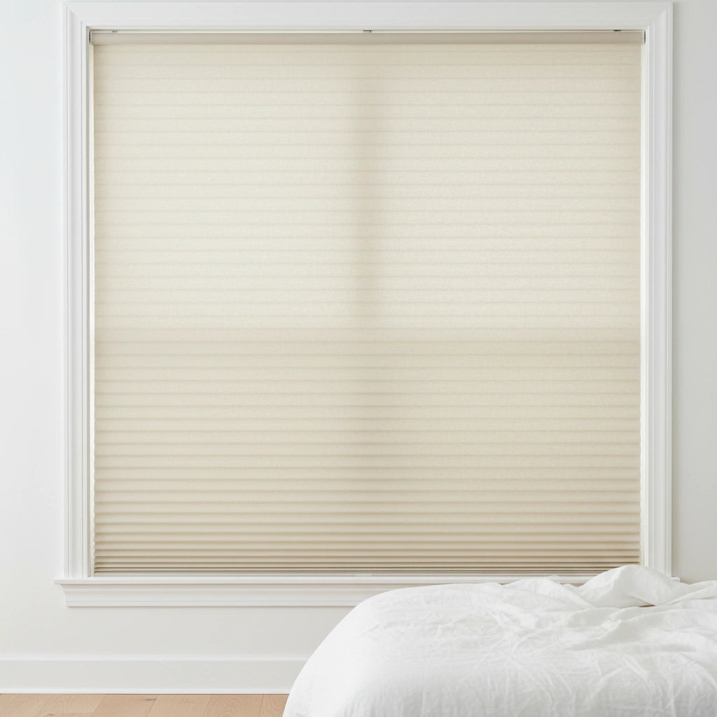 Light filtering honeycomb shades close-up showing double cell structure for superior insulation — custom made-to-measure cordless window blinds
