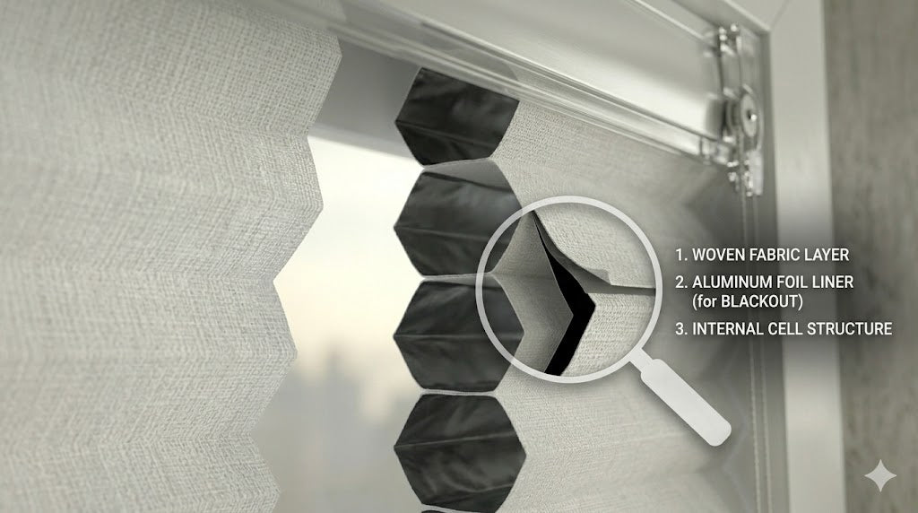 Triple-layer full blackout honeycomb curtain for bedroom, maximum light block and thermal insulation